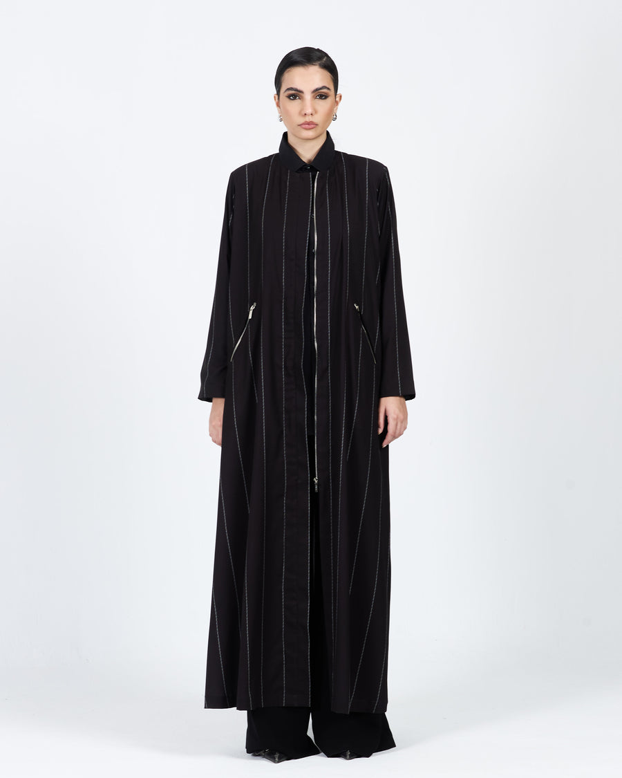 STRIPED DIAGONAL ZIPPER POCKET ABAYA